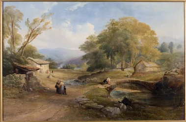 Landschaft, Brücke und Figuren